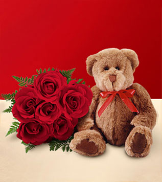 Half Dozen Wrapped Red Roses & Small Bear 